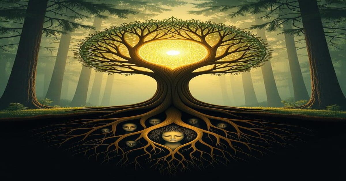 a Jungian style representation like a tree with roots where faces like masks are connected