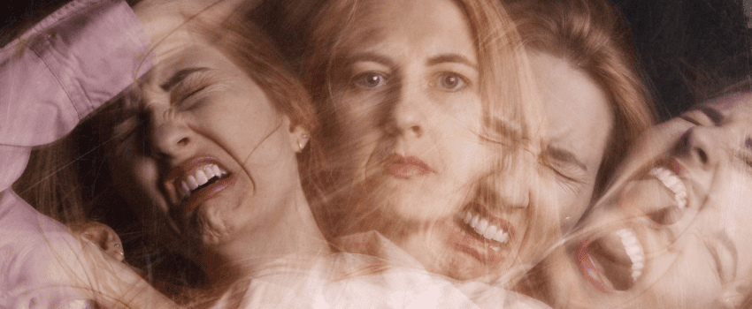 Collage of a blonde woman's face expressing a range of emotions, portrayed through multiple facial expressions.